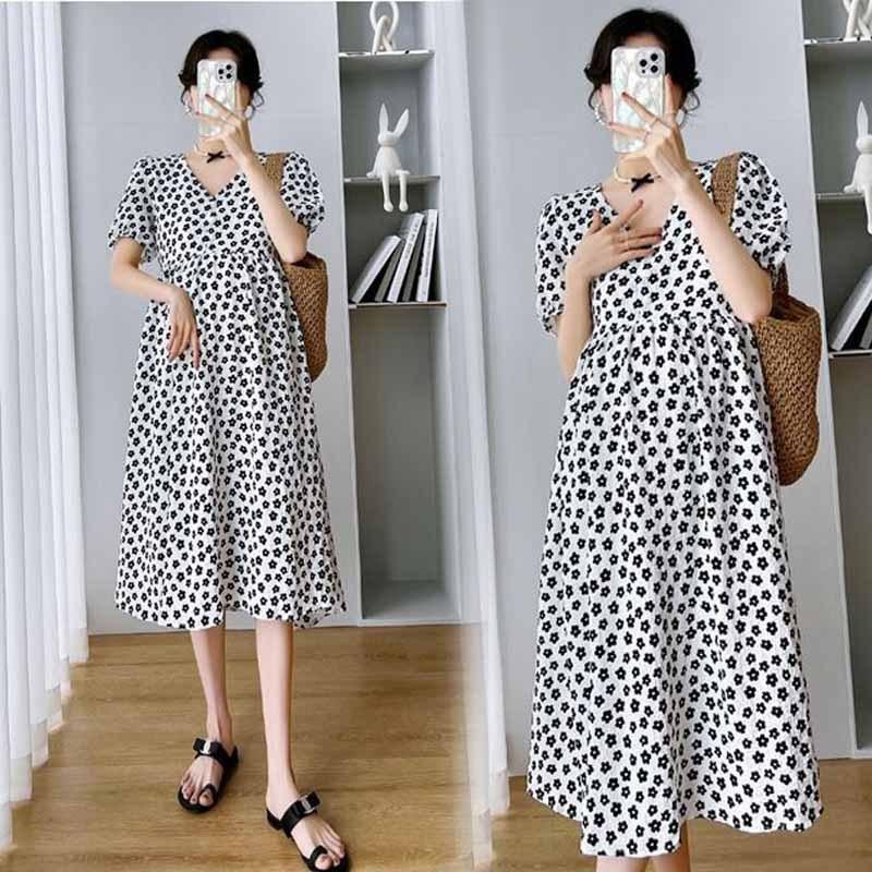 Maternity clothing, summer clothing, fashion temperament, collar, floral buckle, breastfeeding, large size, medium and long dress
