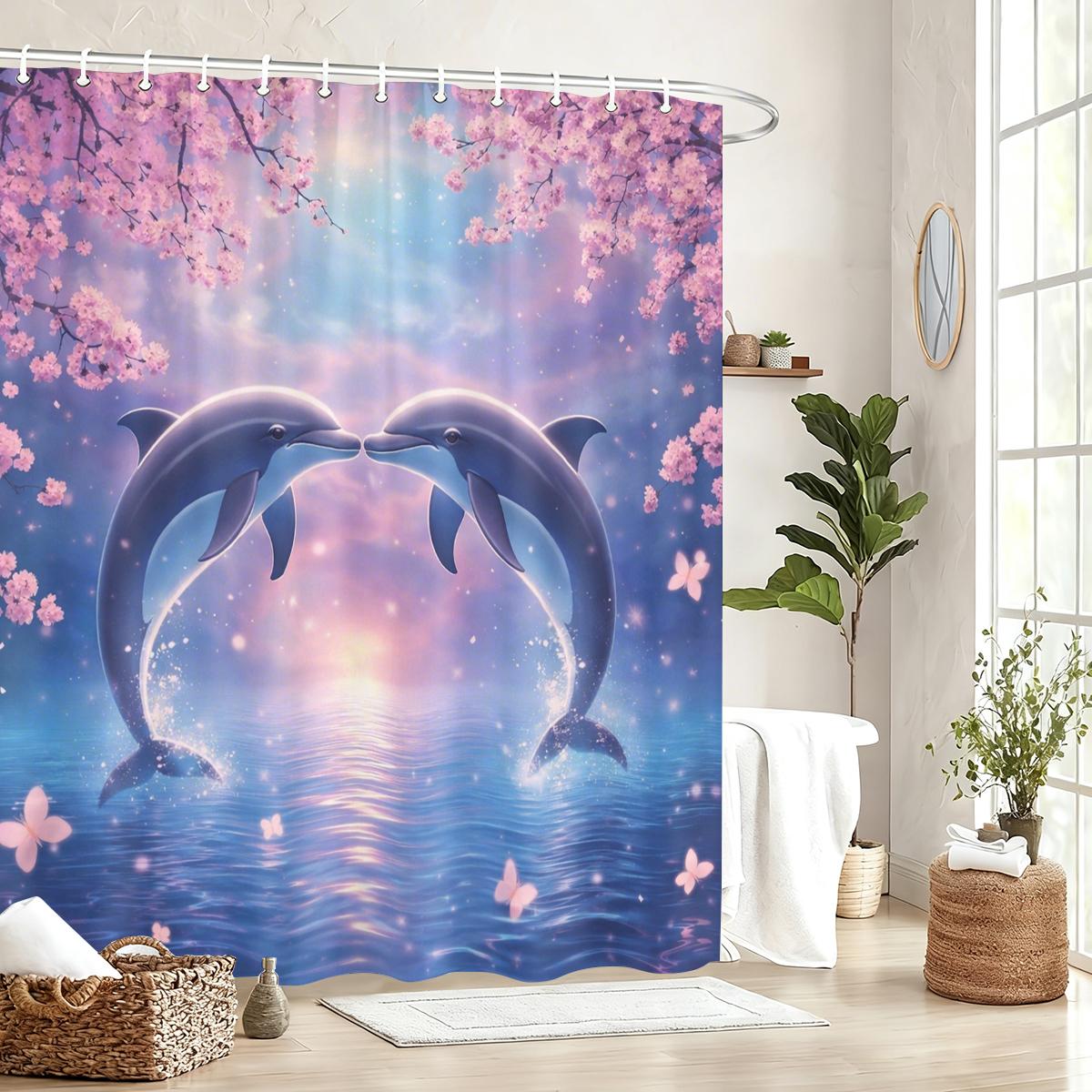

Charming Dolphin Pattern Polyester Shower Curtain - Lovely Bathroom Decor, Decorative Bathtub Partition For Home & Hotel W60H190(CM)-1 Pcs