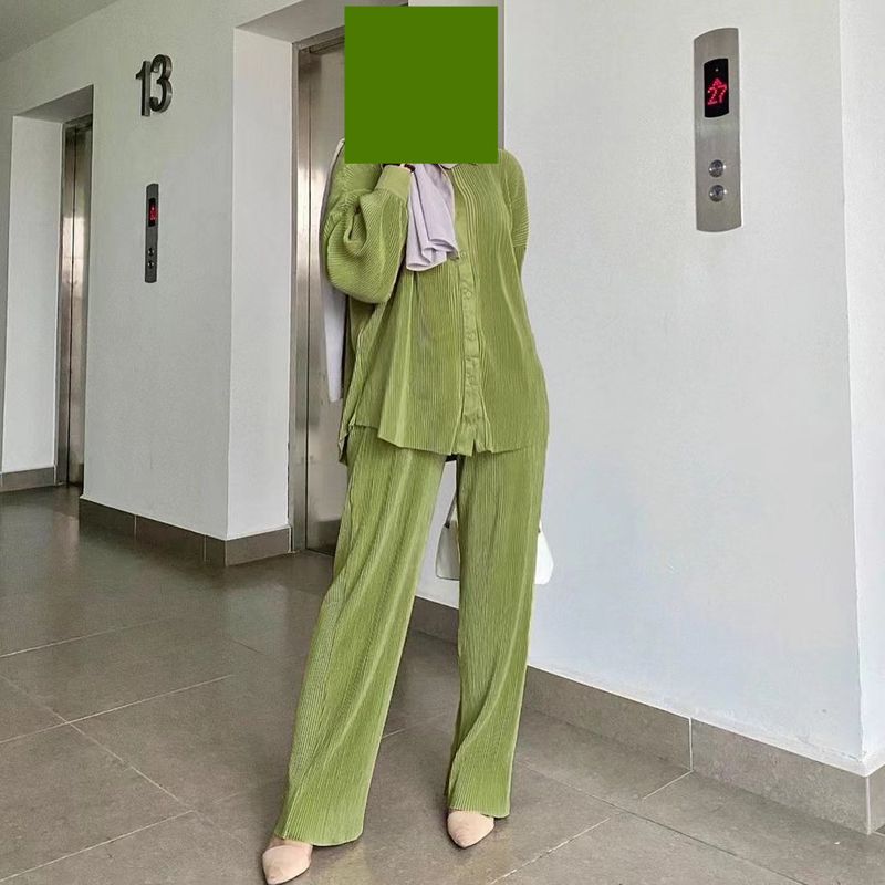 

New Arrival New Fashion Style Pure Color Pleated Shirt Loose Pants Casual Suit Top Long Pants Suit Fruit Green All yards