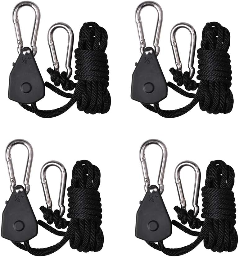 

4PCS/2 Pairs Adjustable Rope Hanger Ratchet Tie Down Ratchet Straps Grow Light Hangers 1/8 150lb Reinforced Internal Gears Ratchets for Grow Lights 4PCS/2 Pairs