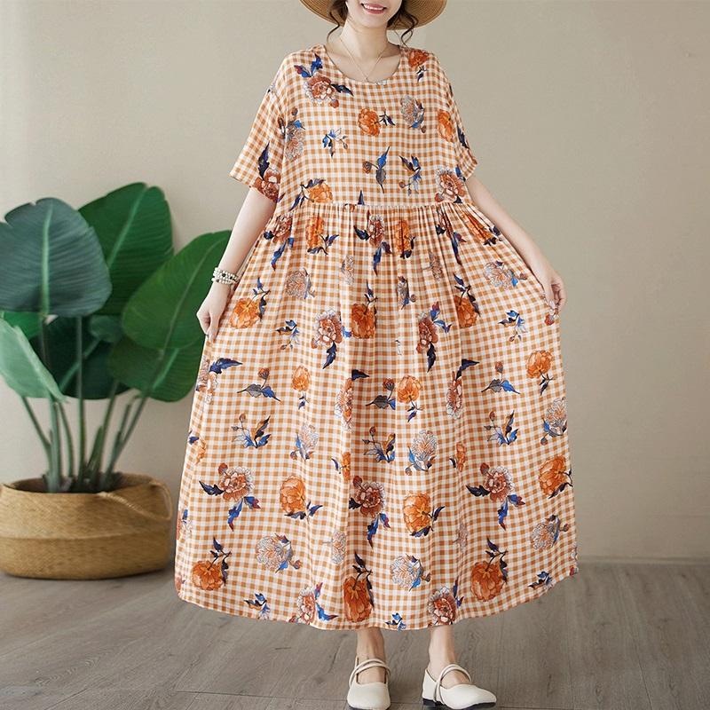 

Новое хлопковое винтажное клетчатое платье больших размеров с коротким рукавом и цветочным принтом для женщин, повседневное свободное длинное летнее платье жёлтый