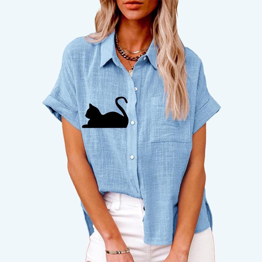 

Женская мода, топ с воротником с лацканами, летняя и осенняя повседневная футболка с коротким рукавом, льняные блузки с карманом, кардиган с принтом кота, свободная рубашка 5XL светло-синий