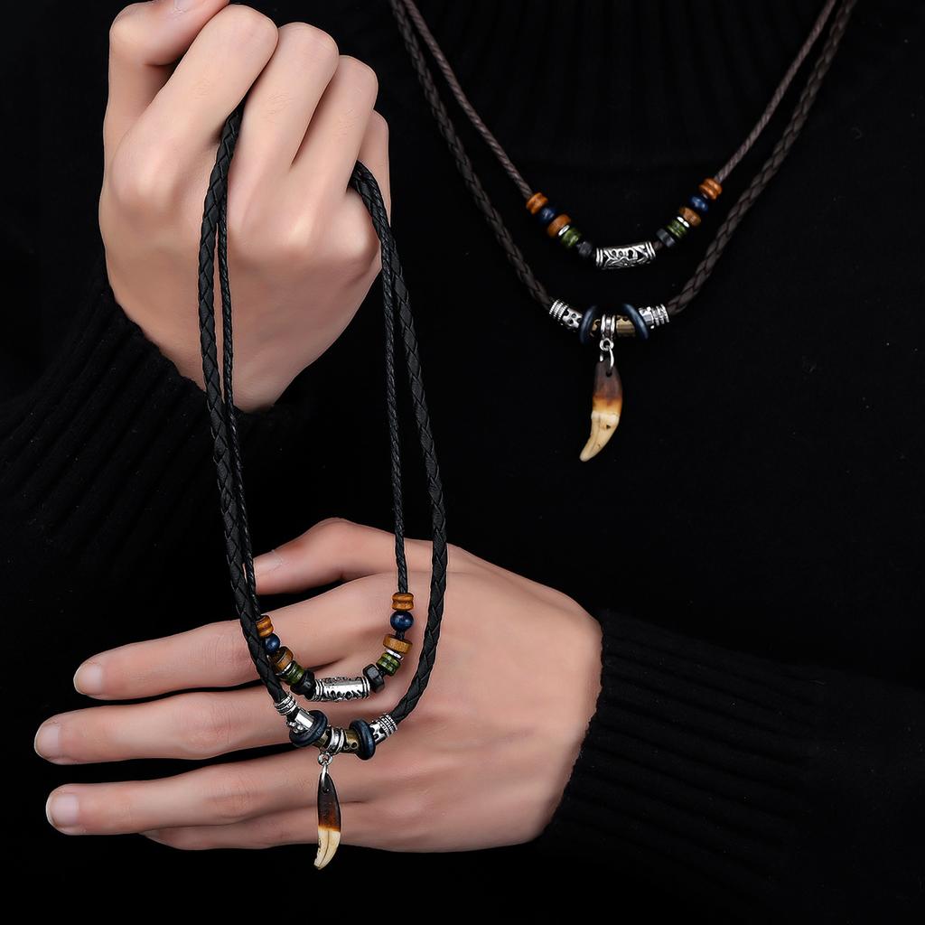 Wolf Fang Double Stacked Necklace Men's Ethnic Style Personality Design Jewelry Women's Premium Versatile Jewelry Tide