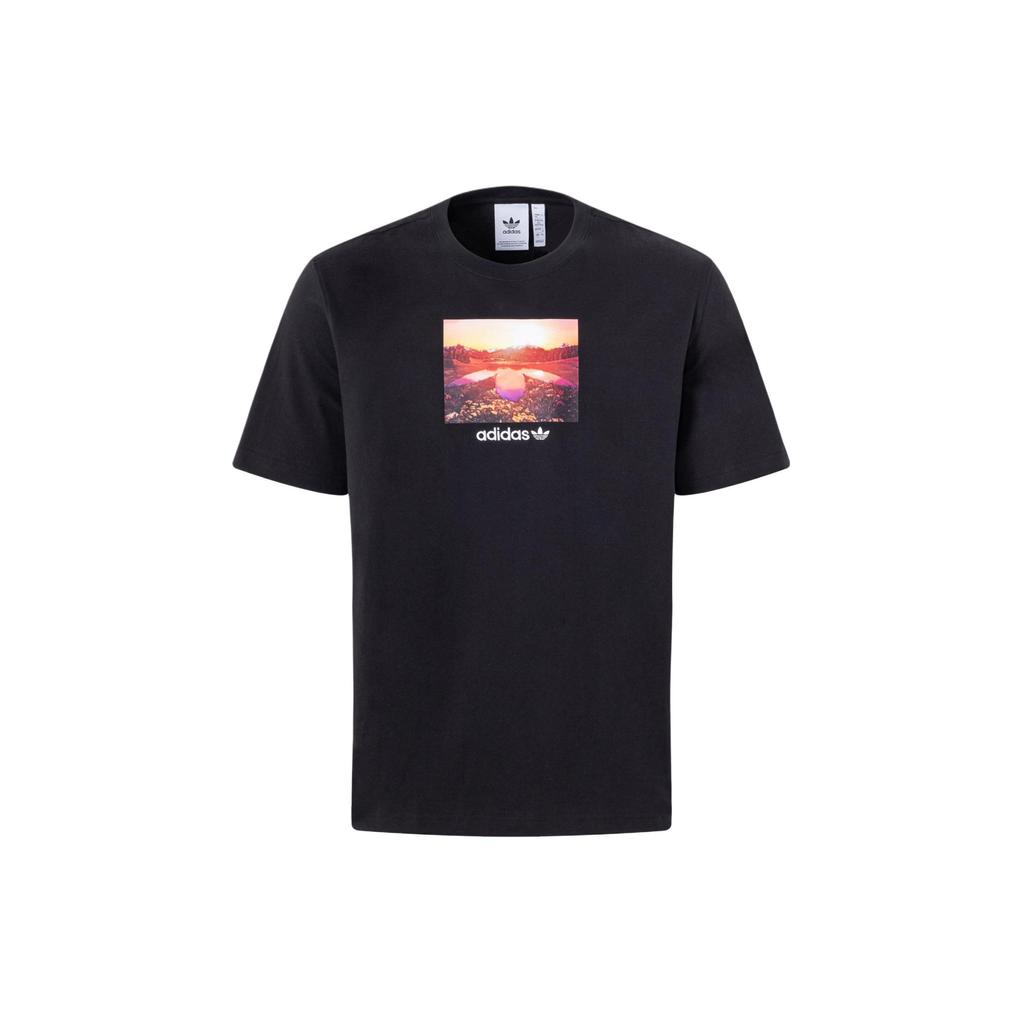 Adidas Originals Sunset Graphic Retro Scenery Print Loose-Fit Sport Round-Neck Short-Sleeve T-Shirt With Drop Shoulder Men Tops Black JF2857