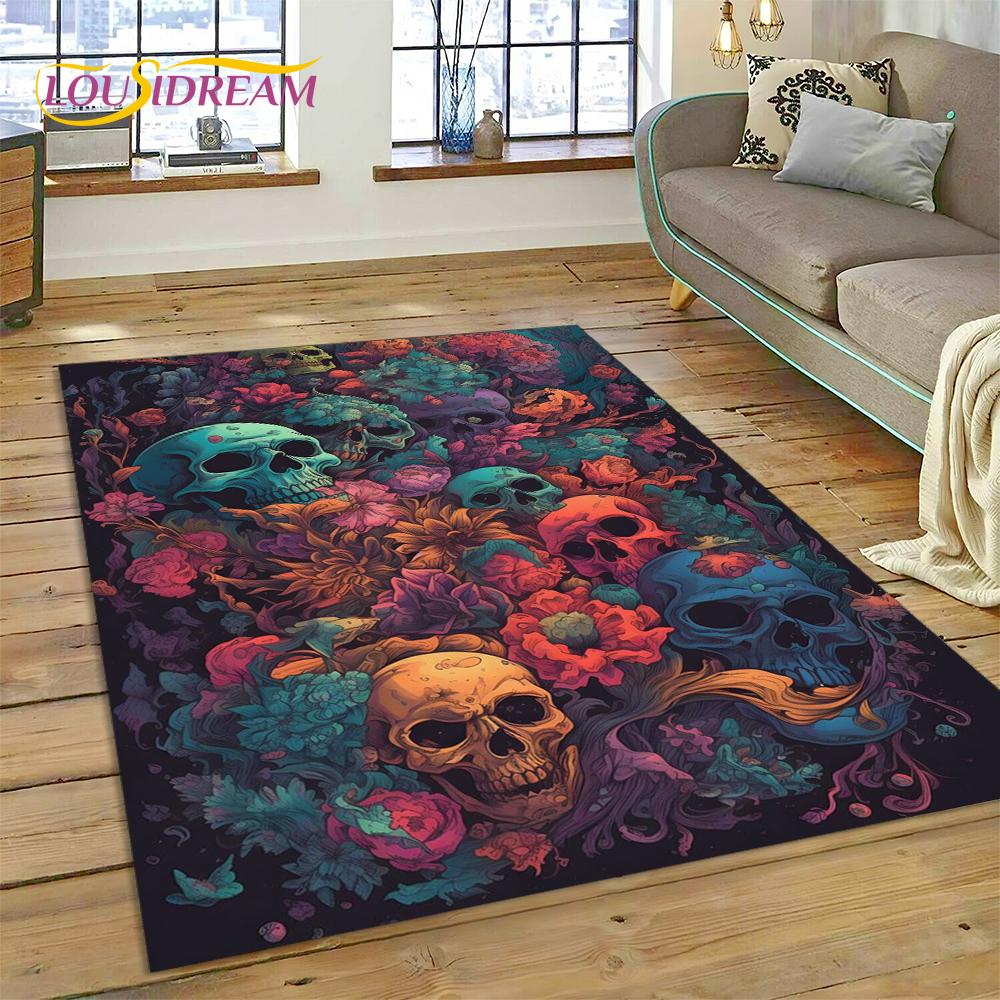 Cartoon Horrible Gothic Skull Flowers Carpet Rug for Home Living Room Bedroom Sofa Doormat Decor,Kid Area Rug Non-slip Floor Mat