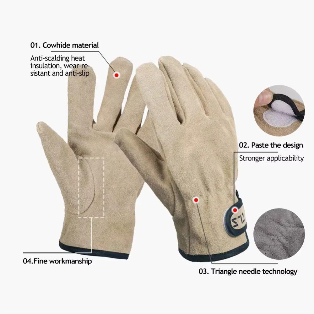 1 Pair Cooking Mitts Cowhide Leather Barbecue Gloves Thicken Heat Resistant Work Gloves Durable Anti Slip Cooking Oven Mitts BBQ