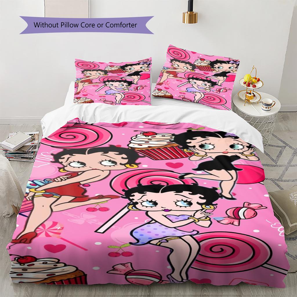 Betty Boop Pattern Bedding Set Quilt Cover Pillowcase Home Decor Gift (1 * Duvet Cover + 2 * Pillowcase, Without Core)