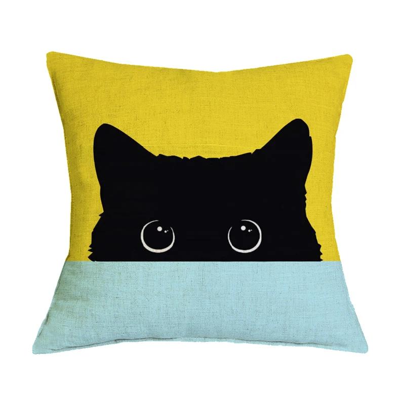 Creative Black Cat Pattern Cotton Linen Cushion Cover Animal Printed Pillow Case For Home Sofa Car Decor Pillowcase 45X45Cm