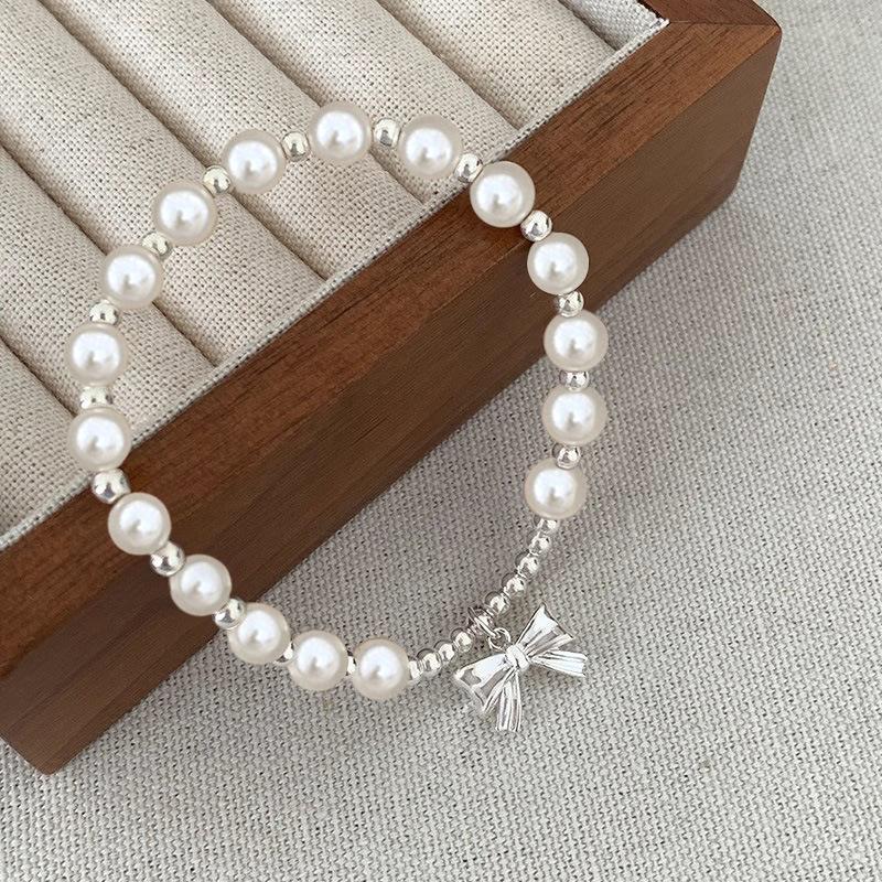S925 Sterling Silver Bow Imitation Shijia Pearl Fashion Bracelet for Girls In an Ins Style Sweet and Girlish, Simple and Elastic