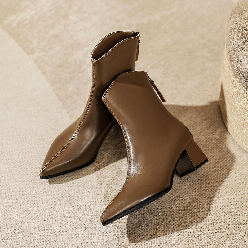 Coarse Heel Pointed Short Boots Women's Autumn and Winter Single Boots 2025 New Medium Boots French Temperament Leather Boots High Heel Thin Boots