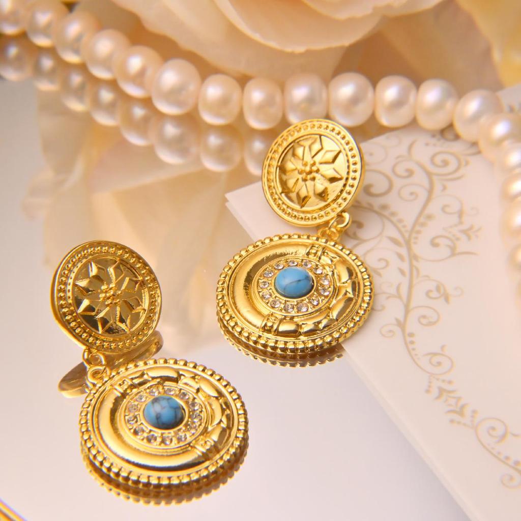 French Turquoise Diamond Dangle Earrings: Personalized Niche Retro Stud Design for Women