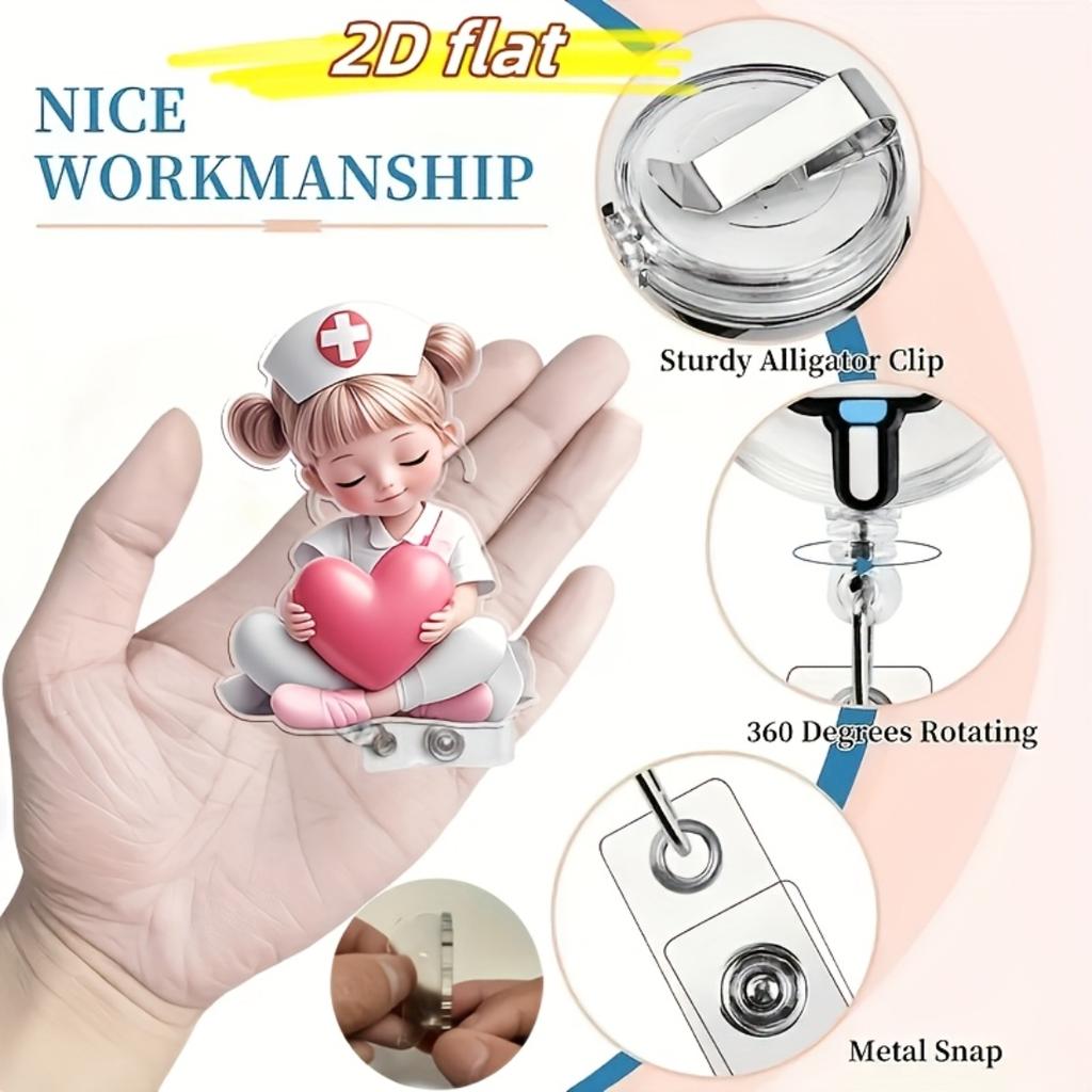 2D flacher Acryl-Rosa-Herz-Krankenschwester-Einziehbarer Ausweisclip, Langlebiger Arbeitsausweishalter für Medizinstudenten, Krankenschwestern, Klinische Praktiker