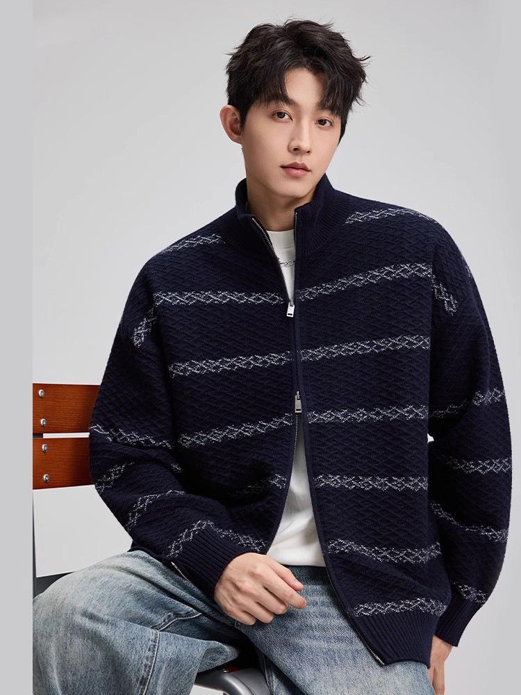Retro Striped Men's Stand-Up Collar Knit Cardigan Sweater - Autumn Casual Loose Fit
