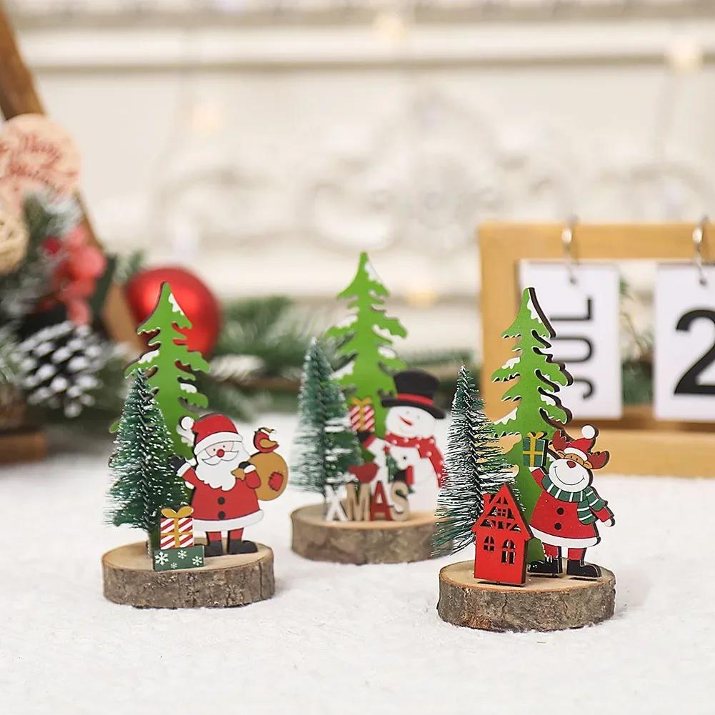 Christmas Wooden Decorations Cartoon 3D Wooden Ornaments Plastic Xmas Tree Pendant Santa Claus Crafts Table Festival Decoration