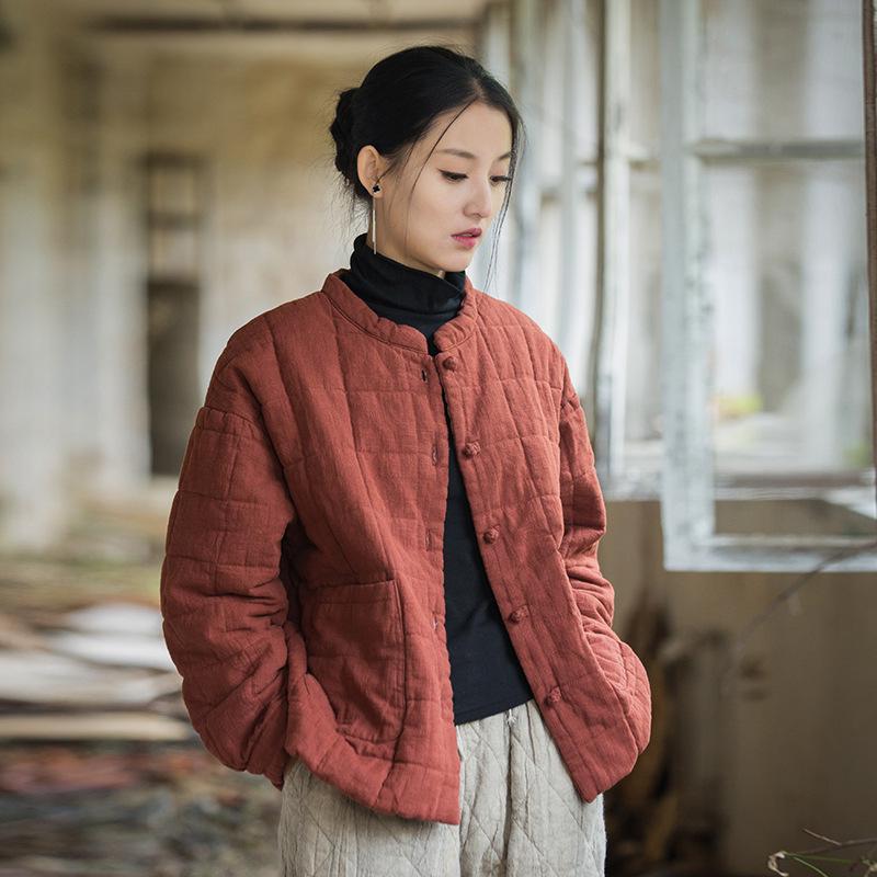 Women's New Style Winter Quilted Plaid Cotton Jacket: Fashionable Literary Short Ramie Coat