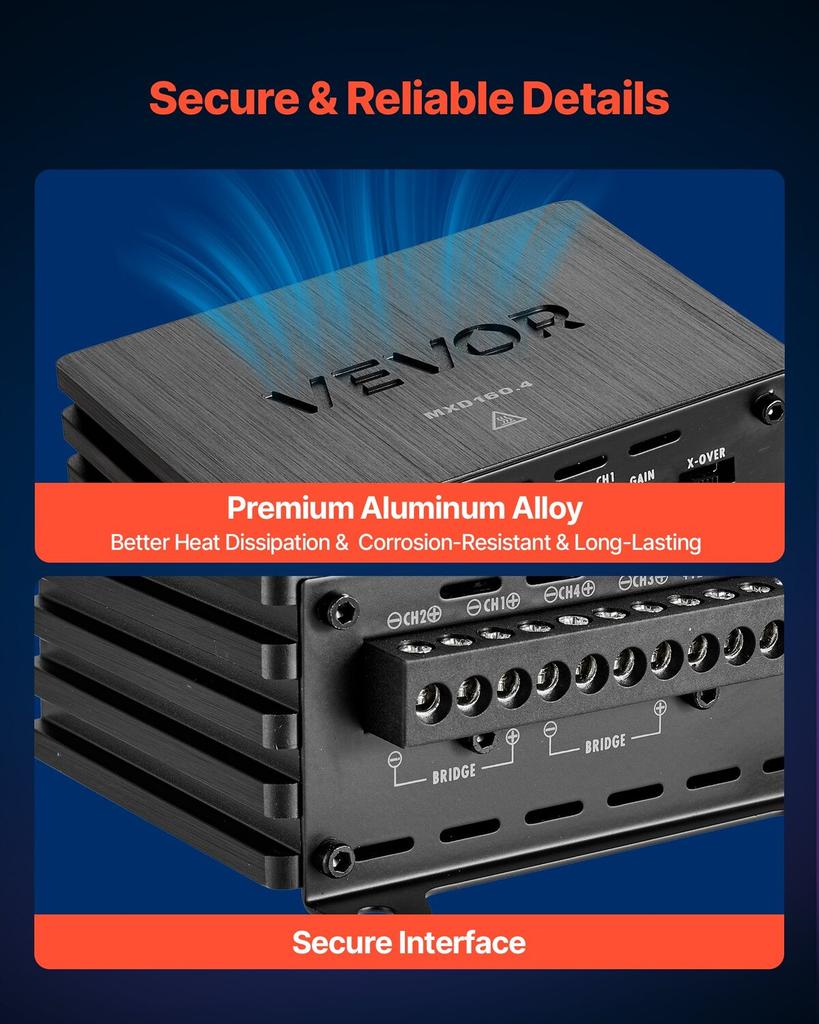 Car Audio Amplifier, 4-Channel Bridgeable Car Amplifier, Multichannel Class D Stereo Amp, Max. 4 X 110W At 4 Ohms / 4 X 160W At 2 Ohms, High Output,