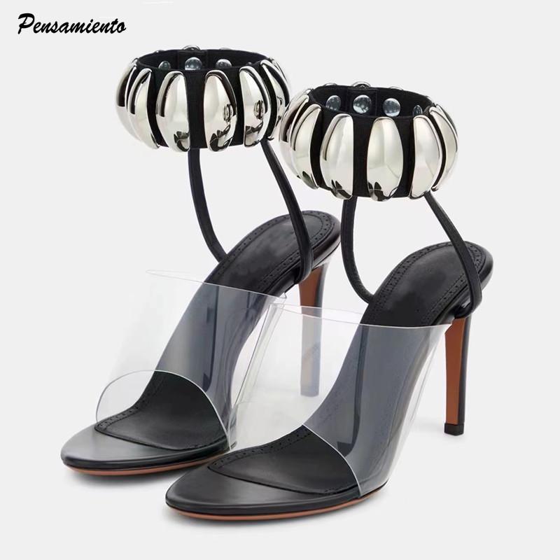 Summer New  Transparent PVC Women Sandals Sequined Ankle Bracelet Stiletto High heels Gladiator Sandalias Shoes