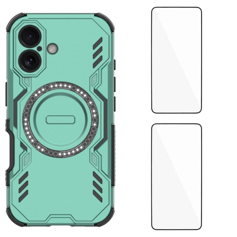 

For iPhone 16 Magnetic Case WANLONFENG DJ Series PC TPU Phone Cover with 2Pcs Tempered Glass Film Green