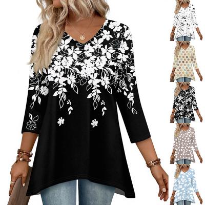 Dámske topy s V-výstrihom a 3/4 rukávom, Blúzky, Ležérne stredne dlhé košele, Módne tuniky s potlačou