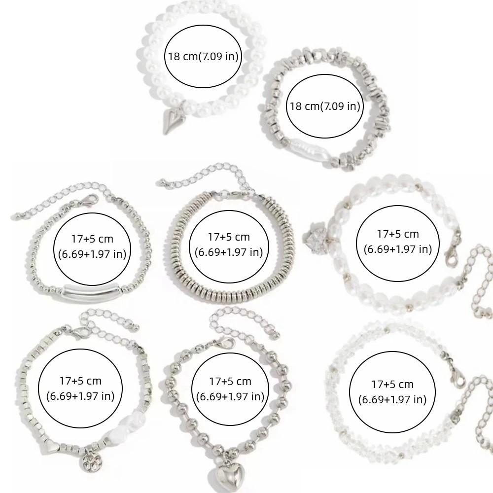 Silver Heart Pendant Bracelets Beaded Metal Hand Chain Trendy Imitation Pearl Bracelets  Gifts