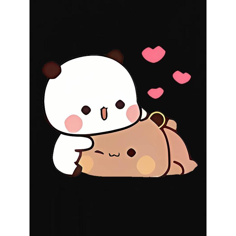 Women's Couple Heart Bear Print T-Shirt Casual Round Neck Short Sleeve Summer Top