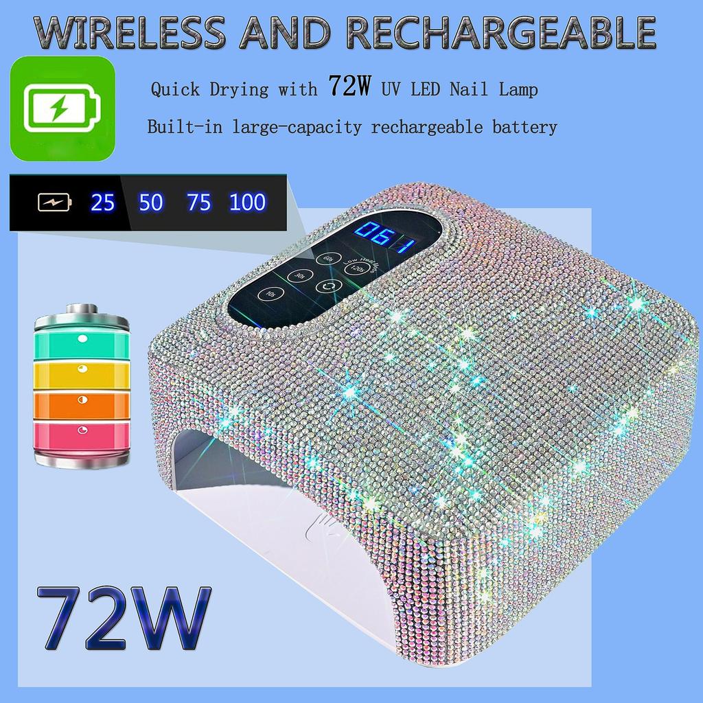 Rechargeable UV LED Nail Lamp 72W Wireless Nail Dryer with Crystals Professional UV Cabin for Gel Nails Dryer Manicure Lamp