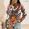 Women Plus Size V Neck Long Sleeve Halloween Panda Ghost Print Top Button Detail Curved Hem