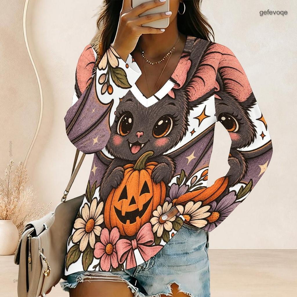 Women Plus Size V Neck Long Sleeve Halloween Panda Ghost Print Top Button Detail Curved Hem