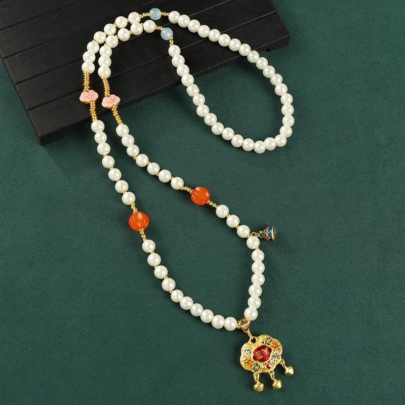 Original pearl long necklace ancient sand gold pendant women's high-end sweater chain retro accessories