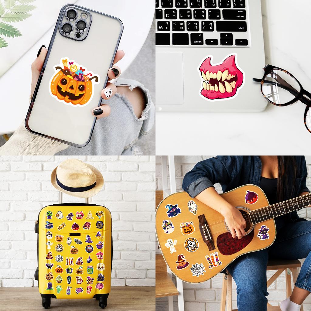 50pcs Halloween stickers featuring pumpkins, ghosts, and bats, perfect for waterproof DIY planner decorations gifts for kids