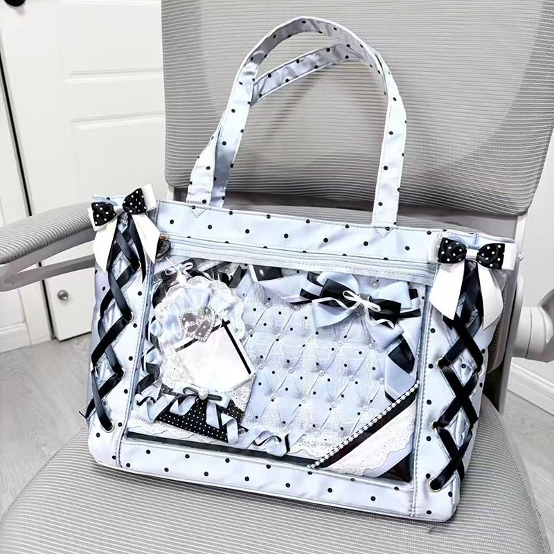 Cute Polka Dot Canvas Tote Bag Women Large Capacity Shoulder Bag With Lace Bow Ribbon Decor Casual School Use Commuter Tote Bag