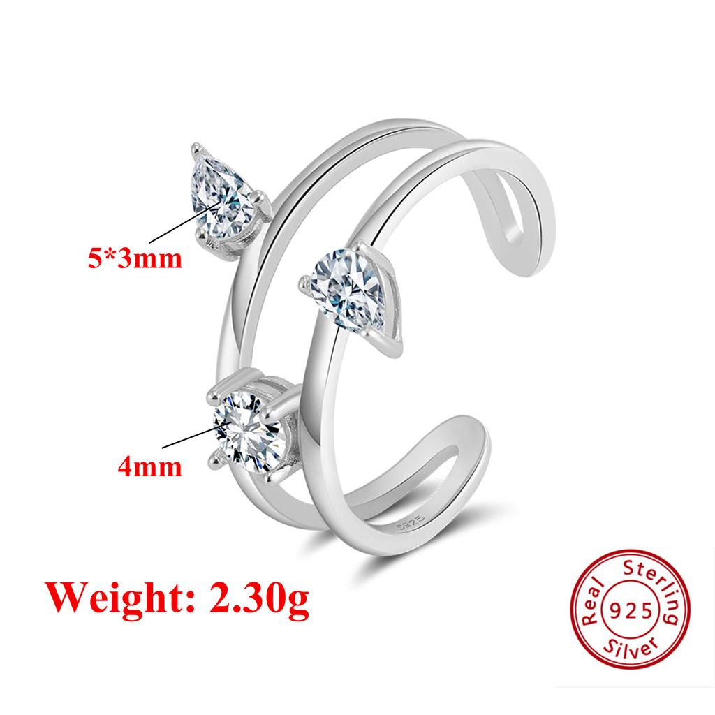 Effie Queen 925 Sterling Silber Offener Ring mit Wassertropfen & Ovalem Zirkonia Hohl Design Doppellagiger Stil Geschenk APR39