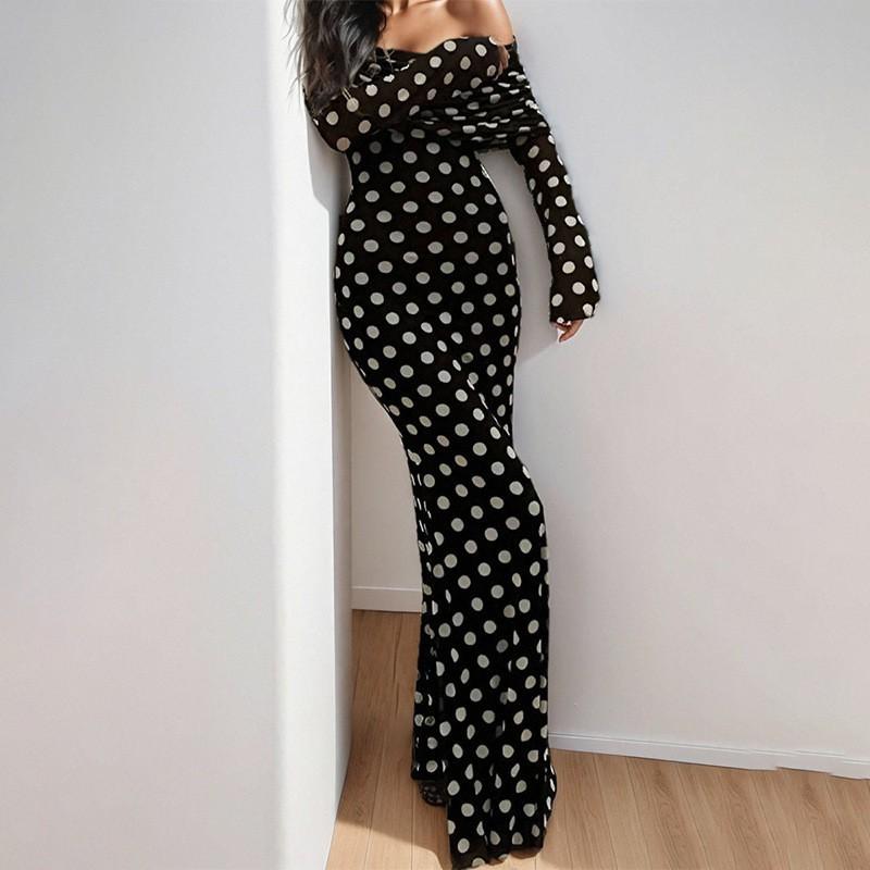 

European American Women s Clothing Retro Polka Dot Off-the-shoulder Tight Bag Hip Long Dress 3XL чорний