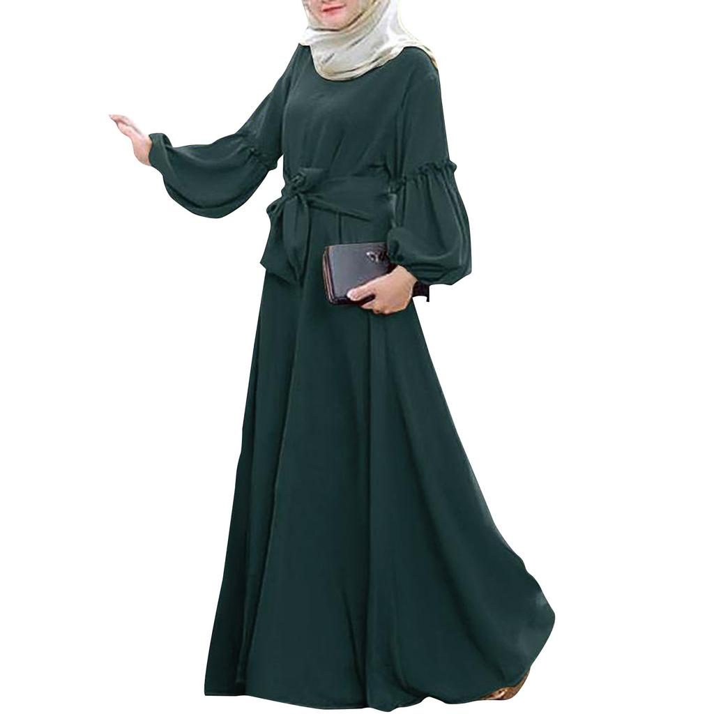 Muslim New Women's Solid Color Fashion Casual Long Sleeve Ruffle Dresses