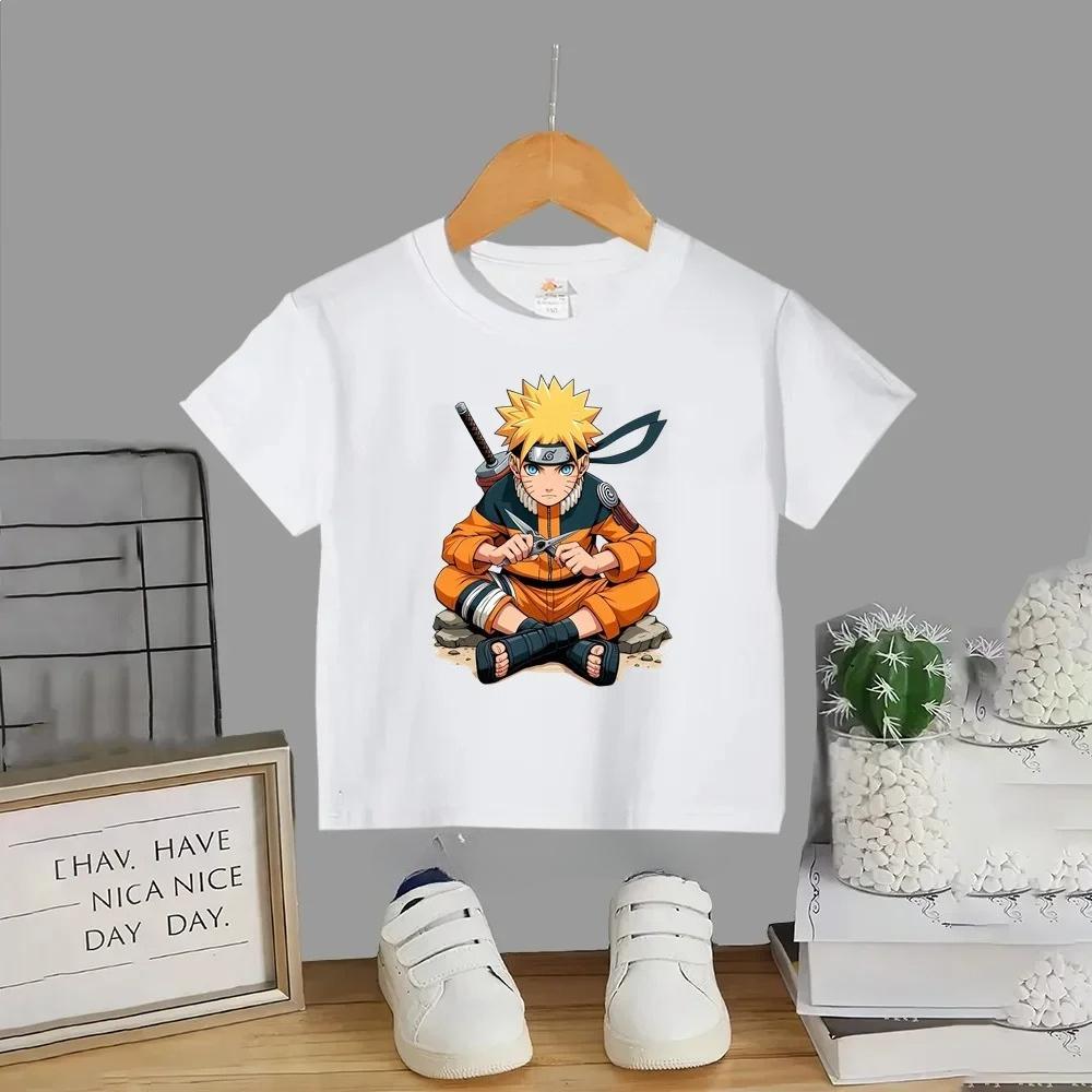 Maglietta 100% Cotone Naruto Uzumaki in Posa Seduta per Bambini, Maglietta a Maniche Corte Grafica Anime per Ragazzi e Ragazze, Top Bianco Casual con Disegno Animato per Bambini