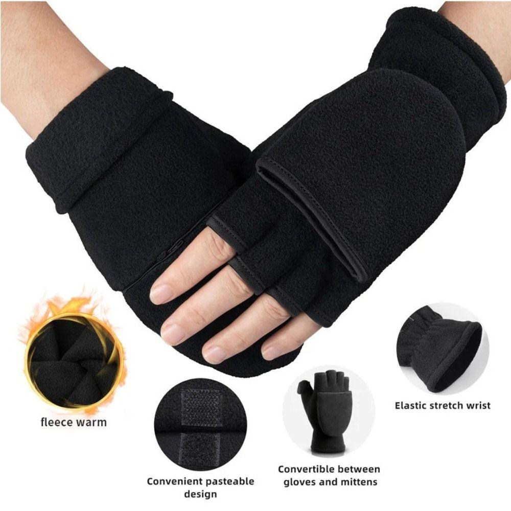 Polar Fleece Winter Gloves Keep Warm Half Finger Flip Gloves Fingerless Convertible Mittens  Men