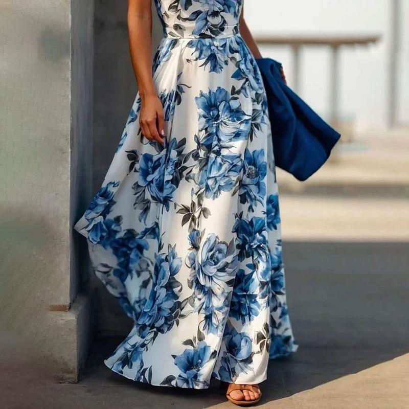 New Style Halter Neck Fashionable Backless Floral Skirt Large Sway Beach Skirt Printed Dress