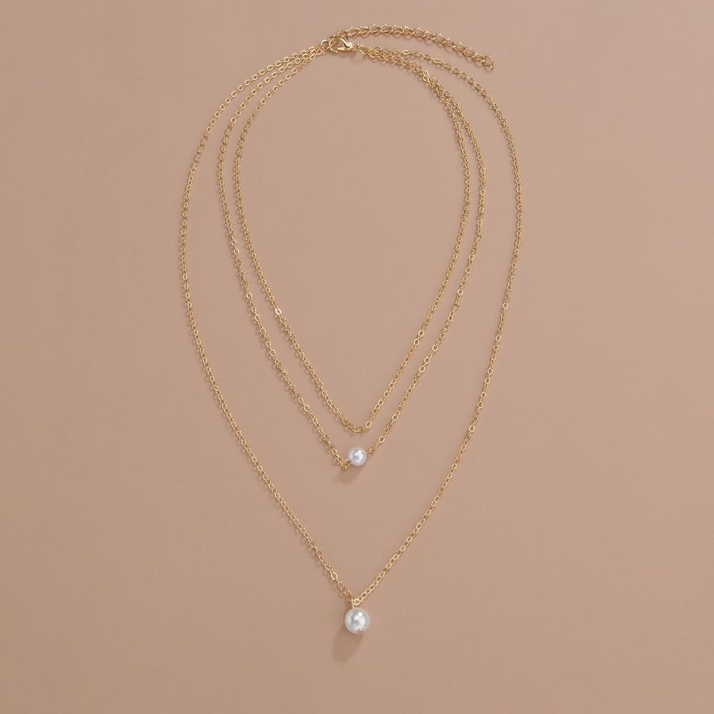 Simple, pearl pendant multi-layer stacked metal women's neck chain personalized collarbone chain 3-piece set