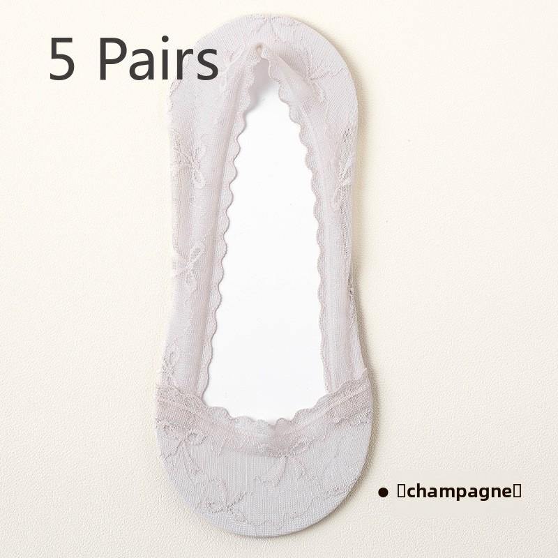 5 Pairs of Women's Spring/summer Lace Invisible Non Slip Pure Cotton Sweatwicking Boat Socks