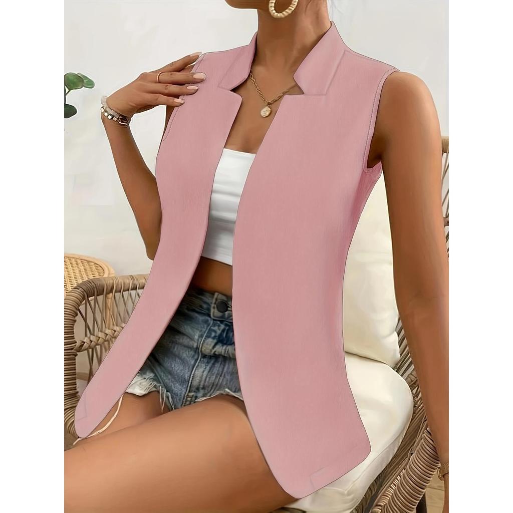 Solid Color Slim Fit Sleeveless Lapel Blazer Vest for Women, Commute Casual Versatile Elegant Waistcoat Cardigan