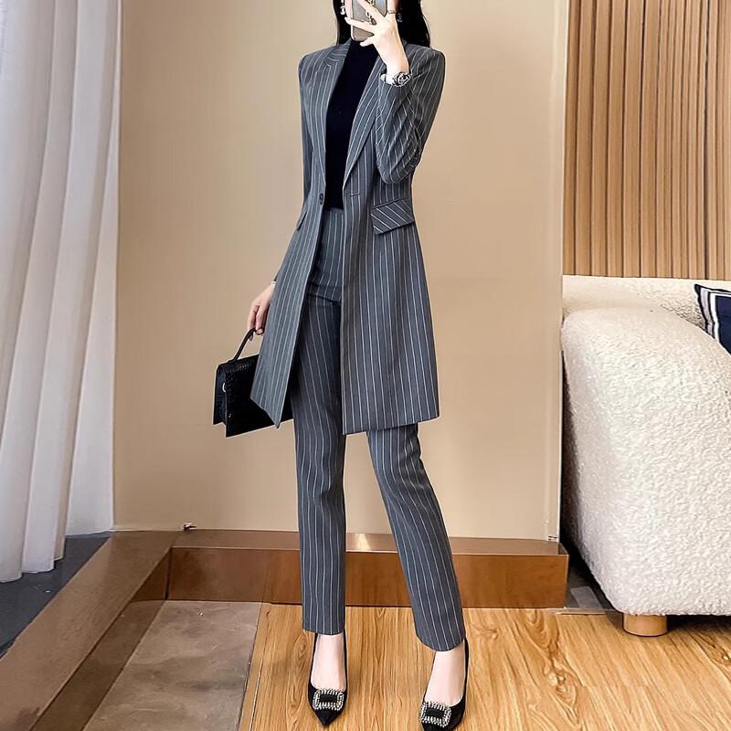Women's Striped Long Trench Coat & Pant Suit Set
