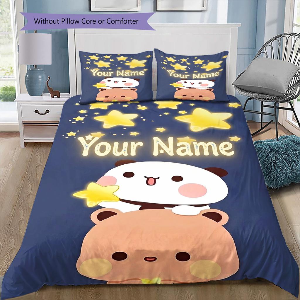 Bear Panda Night Custom Name Pattern Bedding Quilt Set Quilt Cover Pillowcase Home Birthday Gift(1 * Duvet Cover + 2 * Pillowcase, Without Core)