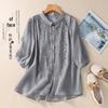 2025 Summer Women's Seven-Sleeve Cotton Linen Shirt with Floral Embroidery and Retro Turn-Down Collar