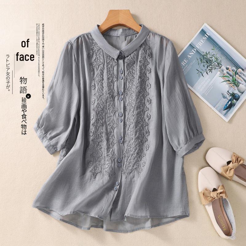 2025 Summer Women's Seven-Sleeve Cotton Linen Shirt with Floral Embroidery and Retro Turn-Down Collar