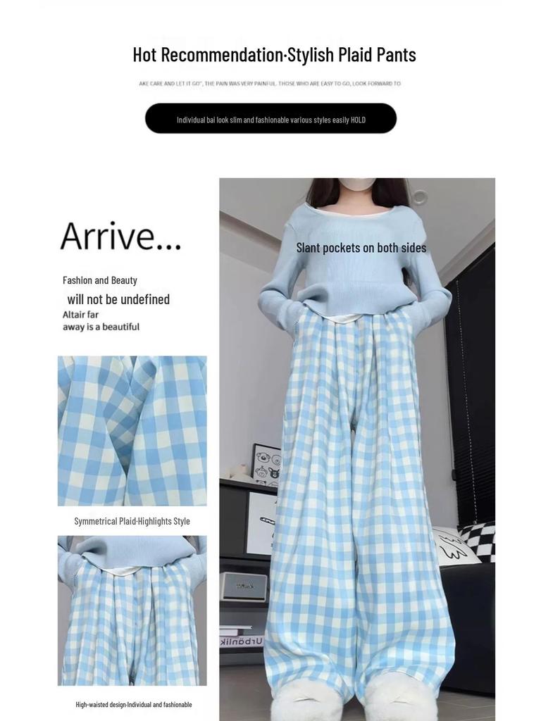 Women's High Waist Blue Plaid Wide-Leg Pants - Petite, Loose-Fit, Casual Summer Style