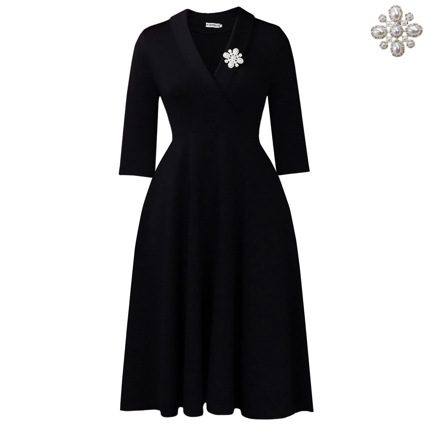 

C8650 Elegant Solid Color Lapel High Waist Swing Dress for Women 3XL