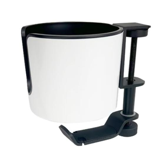 Stylish and simple 2-in-1 drink holder with clamp, cup holder, and storage hook for headphones, swivel hook, white