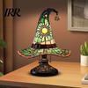Low Energy Desk Lamp Stained Glass Style Witch Hat Lamp, USB Powered Resin Wizard Night Light Retro Gothic with Sun Star, Halloween Table for Bedroom