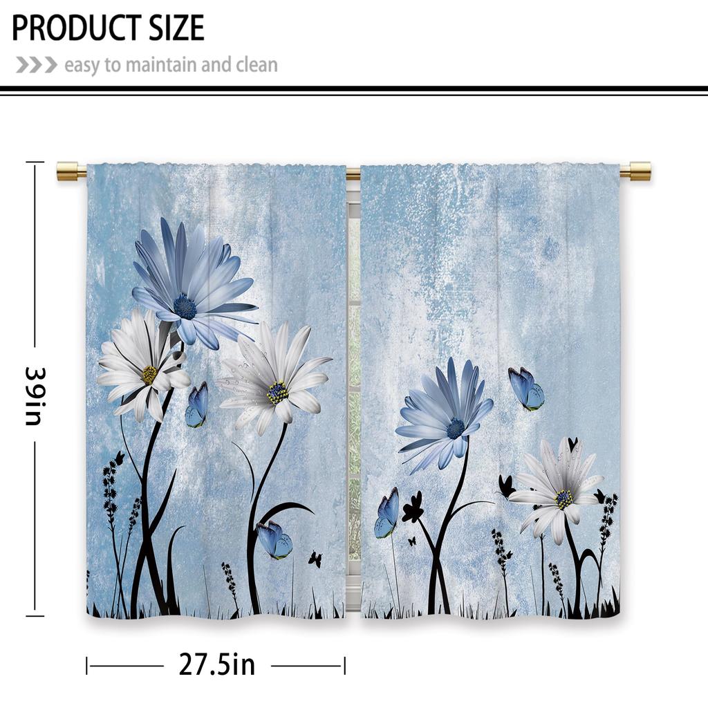 Rustic Retro Blues Daisy and Butterfly Print Half Curtain Short Rod-Style Window Treatment for Kitchen and Bathroom 27.5 x 39 inches