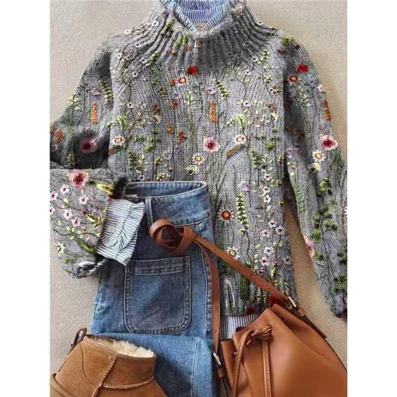 Womens Christmas Print High Neck Sweater Loose Fit Casual Long Sleeve Top